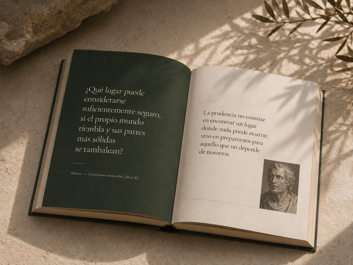 Libro abierto con una reflexión de Séneca sobre la prudencia y la seguridad